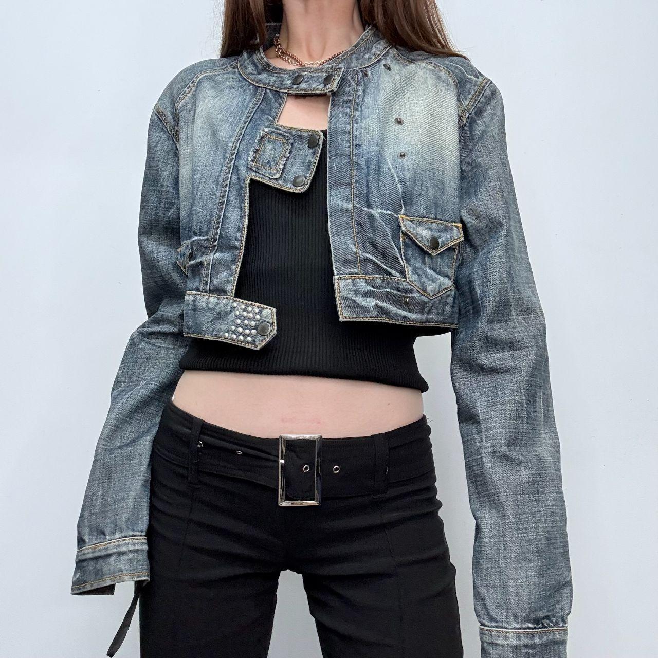 Distressed denim cropped utility jacket