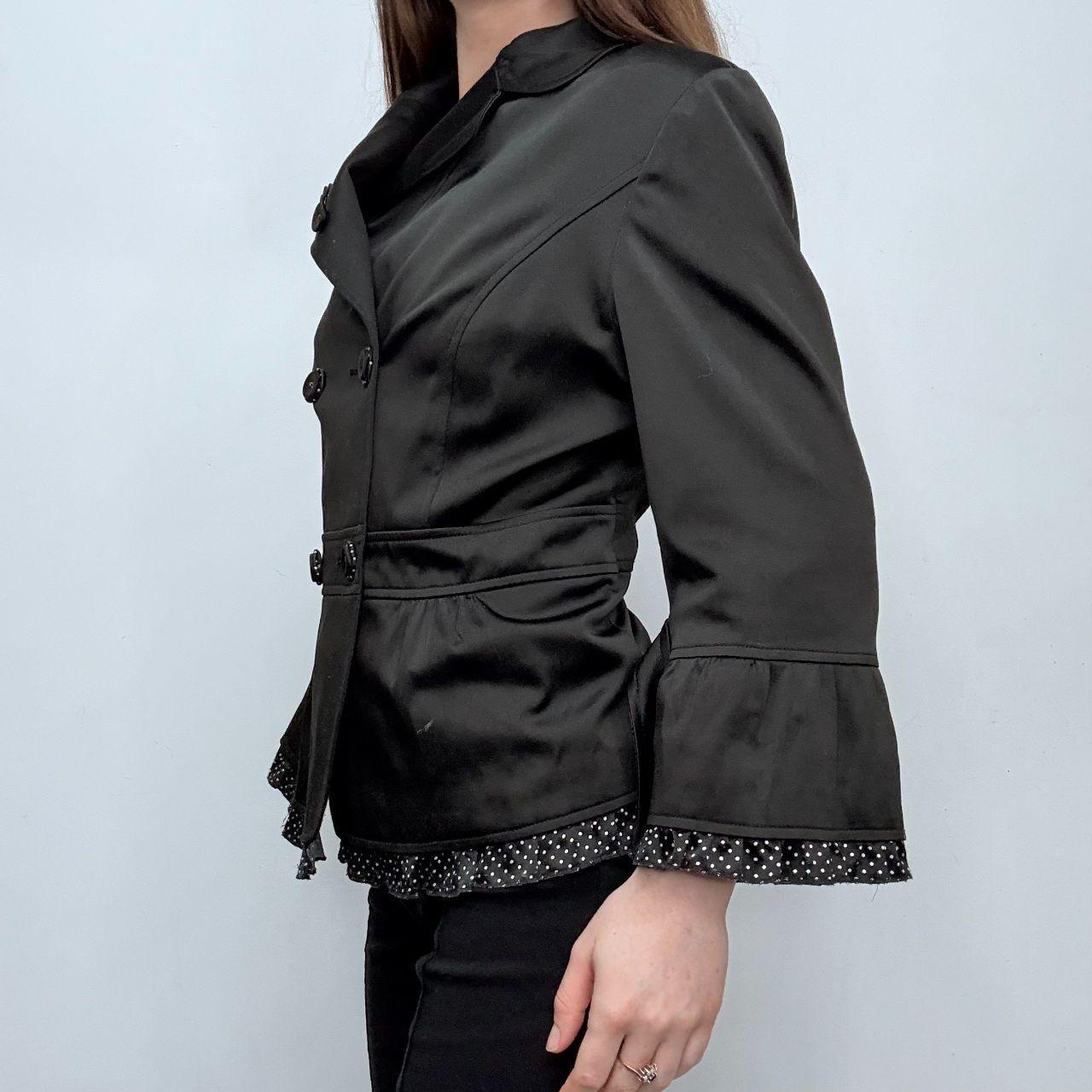Black satin polka dot flared pea coat