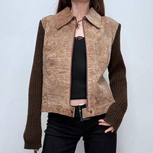 Brown suede hide ribbed knit jacket