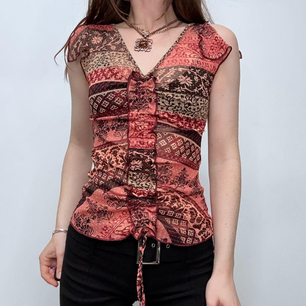 Sheer gathered patchwork mesh vest