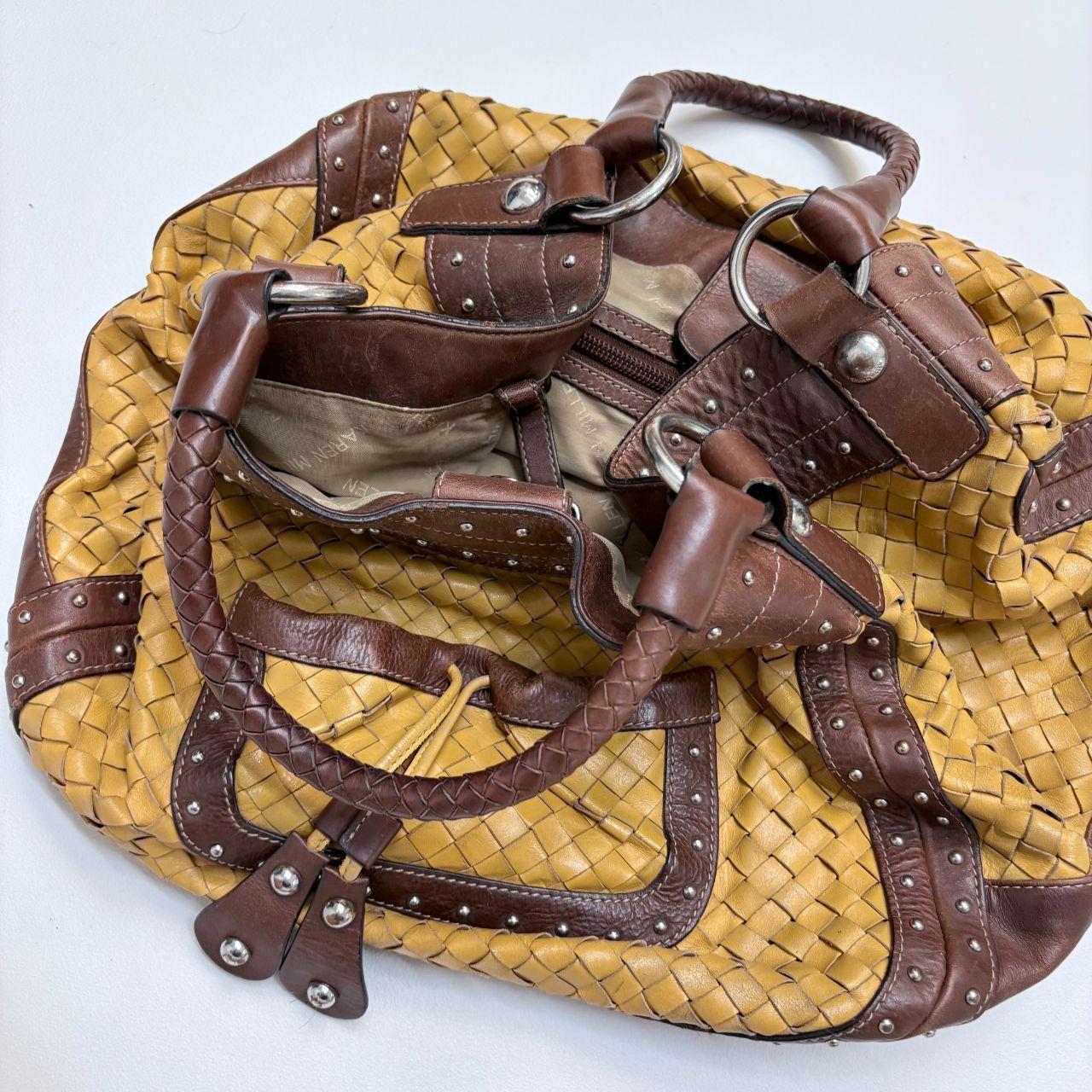Woven leather studded slouchy shoulder bag