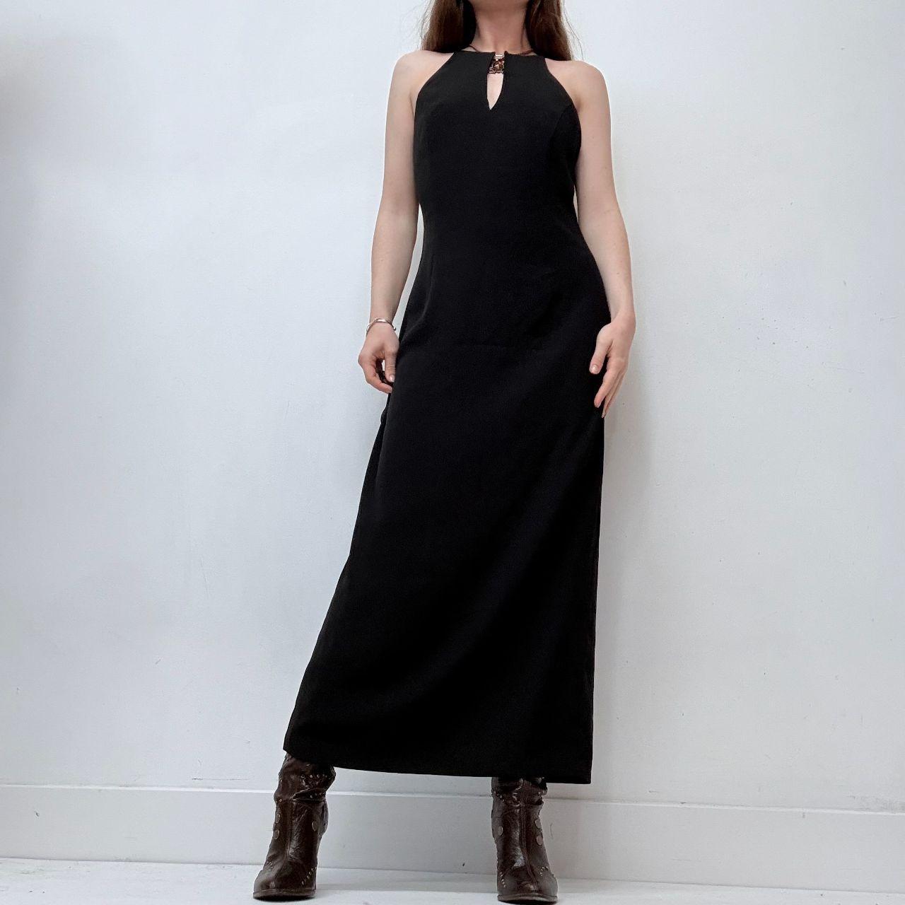 Black a-line bias cut sleek 90s high neck dress