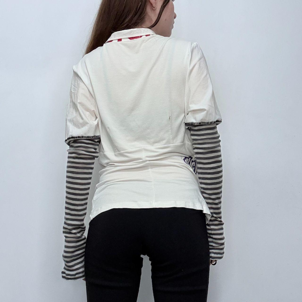 White graphic appliqué puff striped shirt