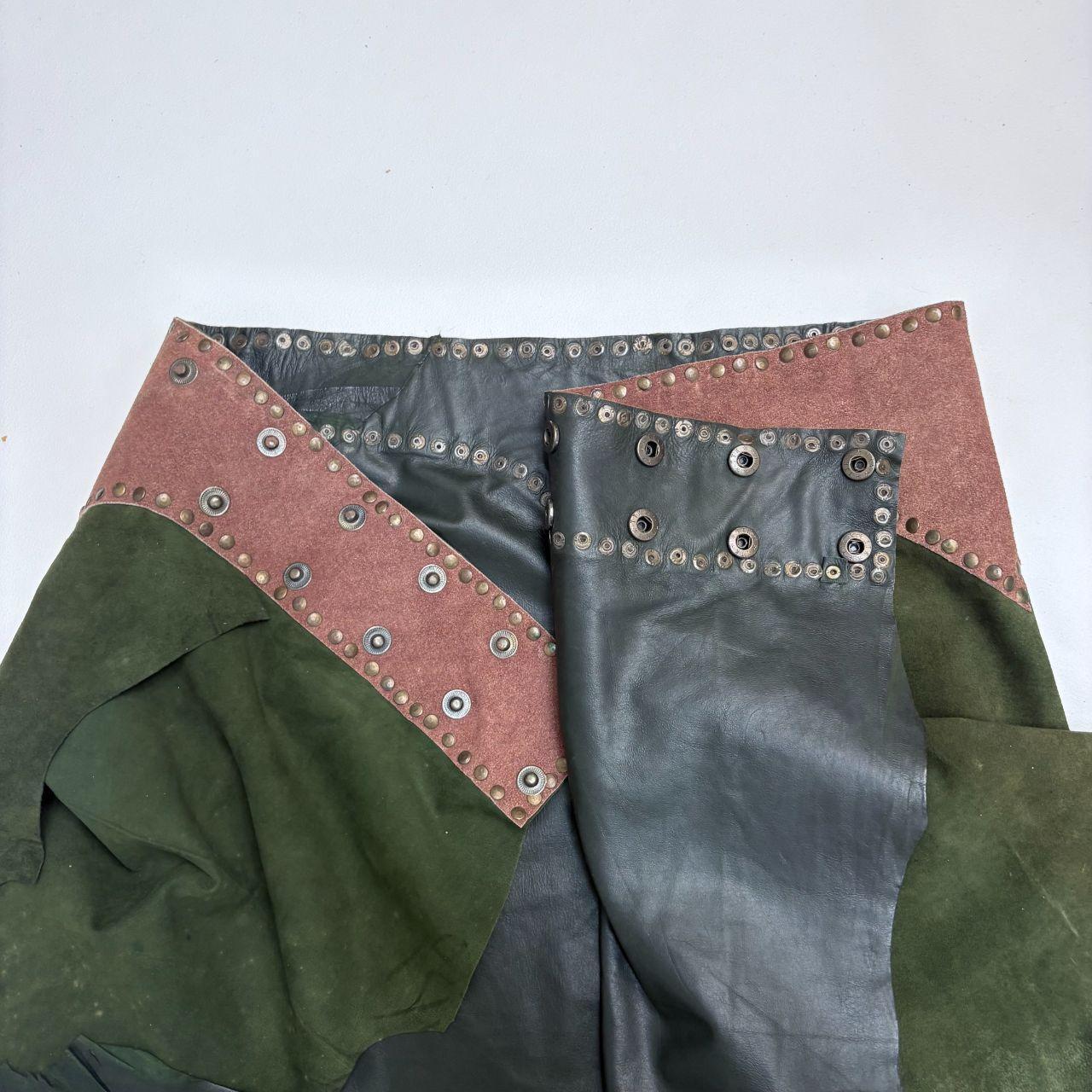 Khaki green studded boho leather skirt belt