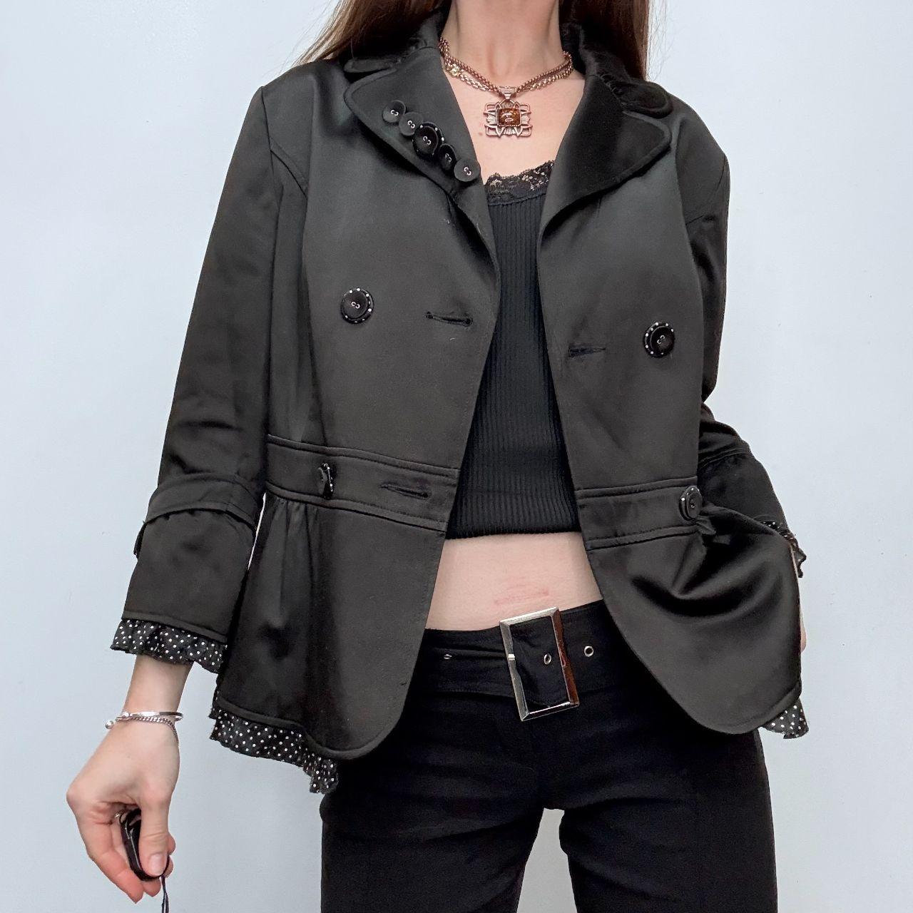 Black satin polka dot flared pea coat