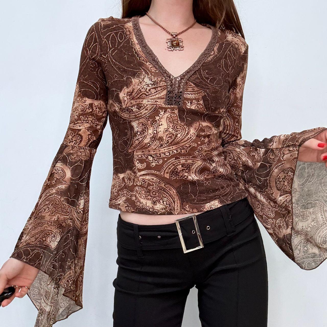 Brown flutter flared bell sleeve blouse