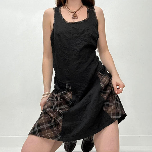 Black tartan puff mini dress