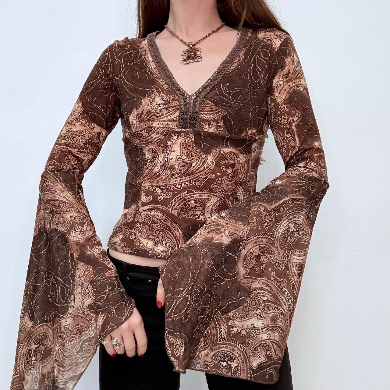 Brown flutter flared bell sleeve blouse