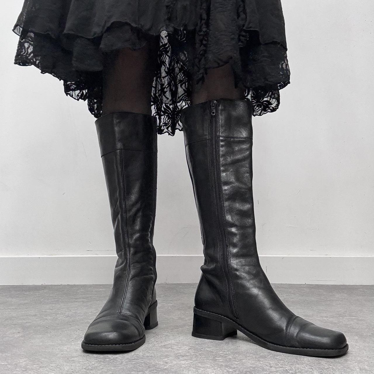 Black leather square toe boots