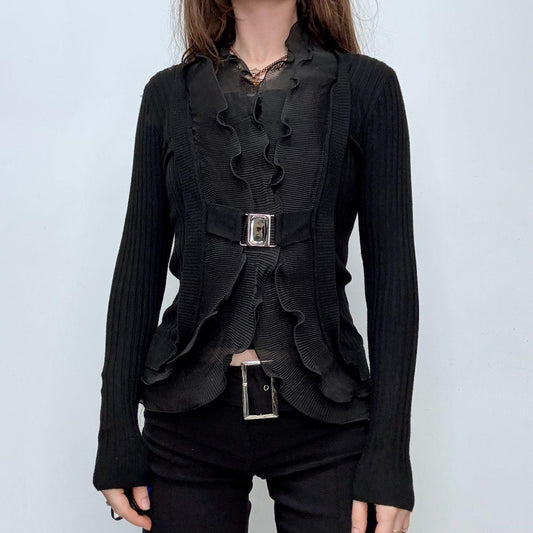 Black pleated ruffle shirt ribbed cardi