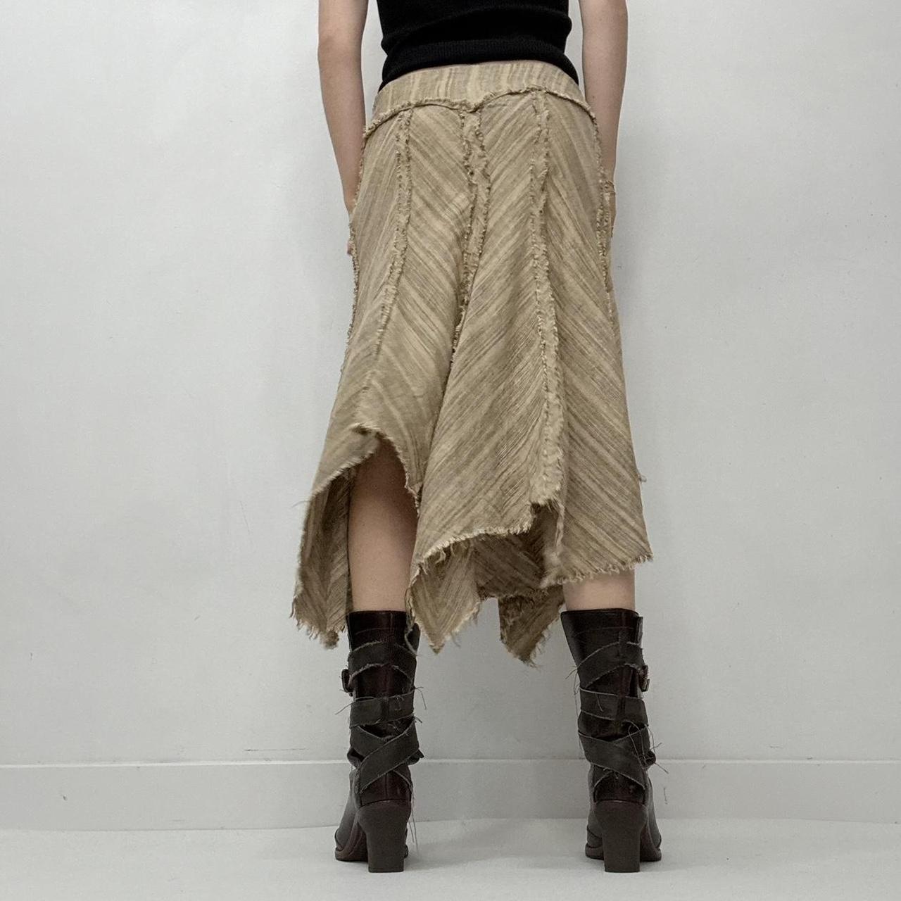 Distressed tan pinstriped midi skirt