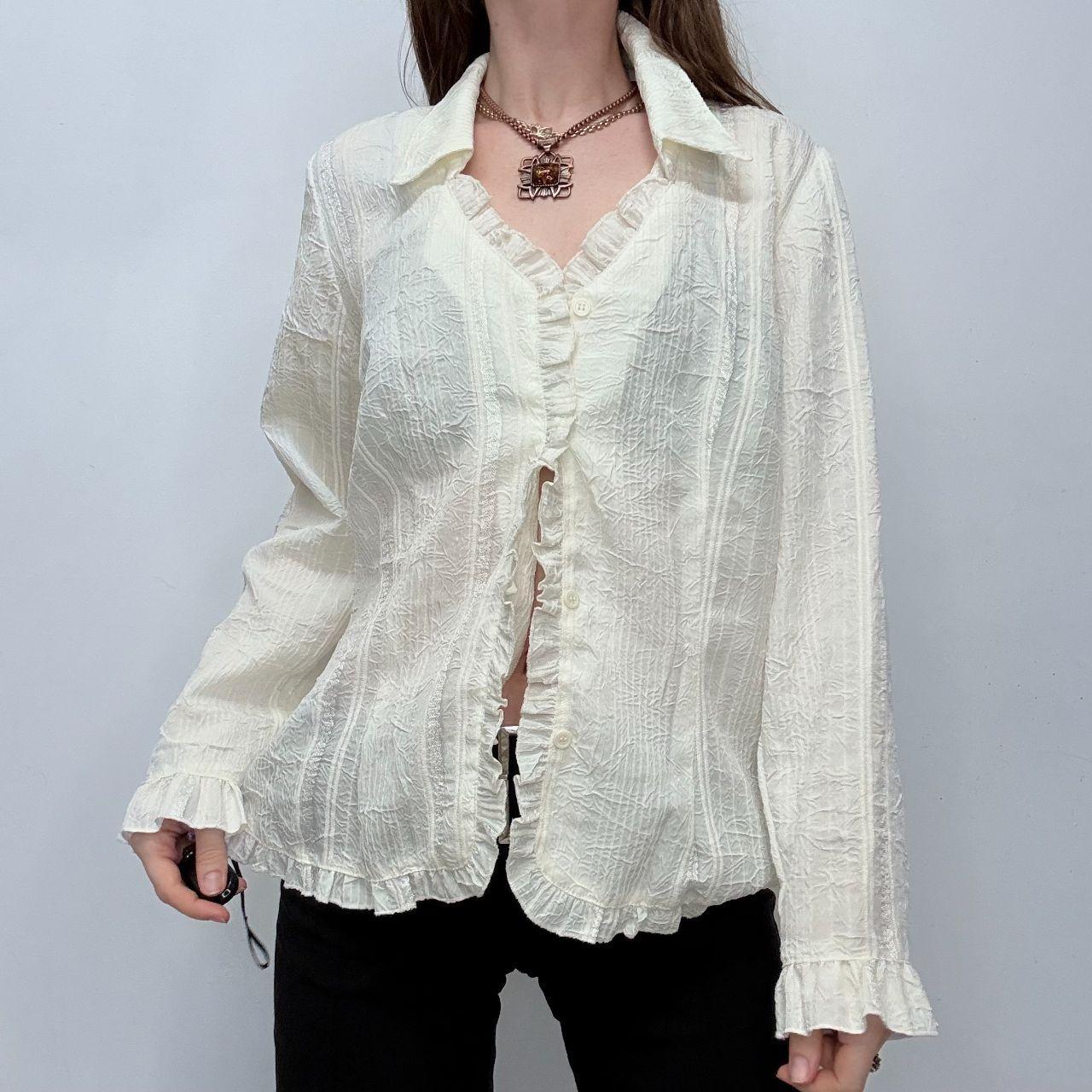 Cream crinkle pinstripe lace shirt