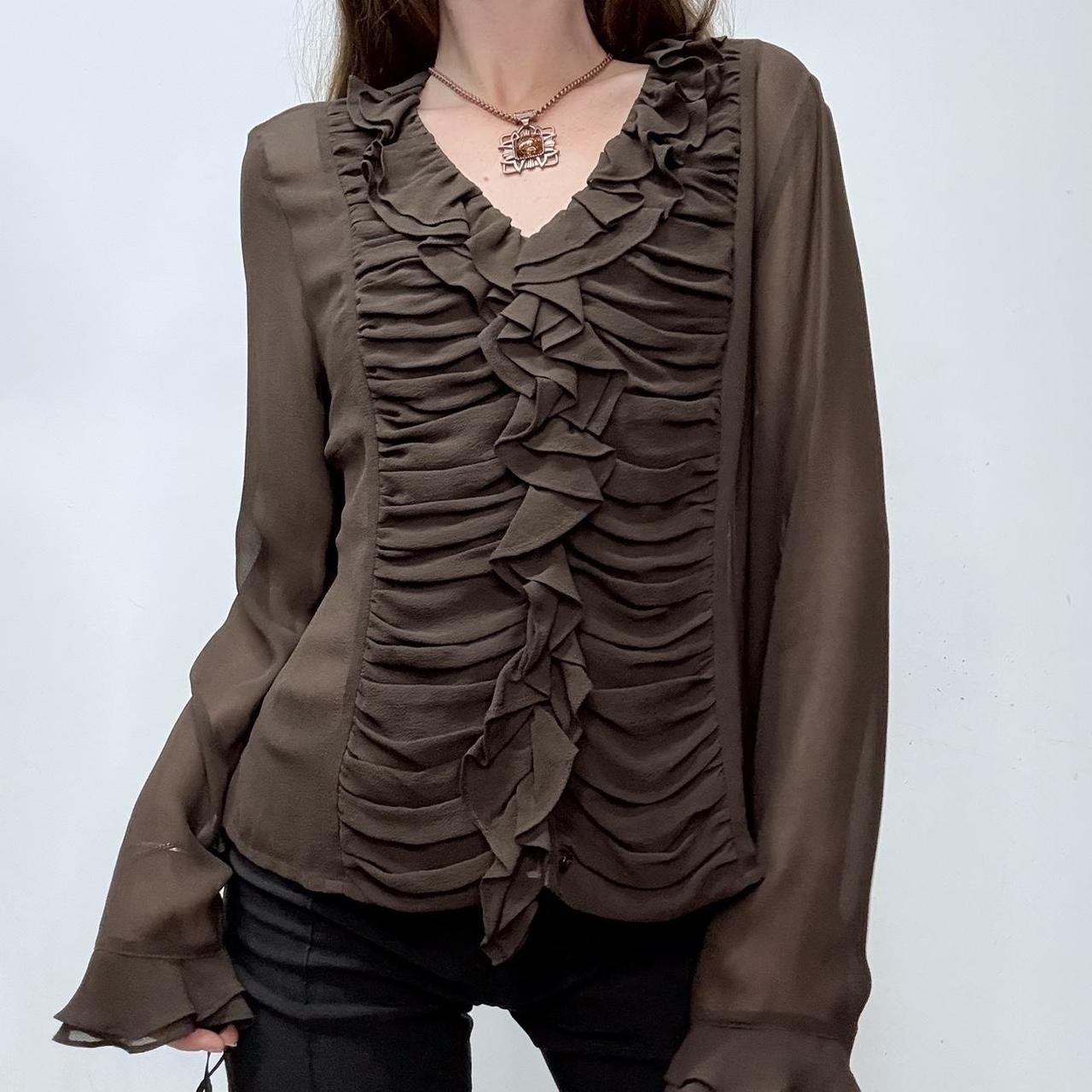 Sheer brown silky gathered ruffle shirt