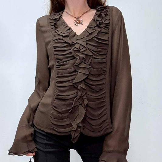Sheer brown silky gathered ruffle shirt