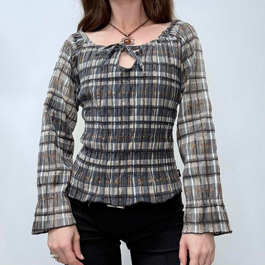 Gingham checked crinkle off the shoulder shirt