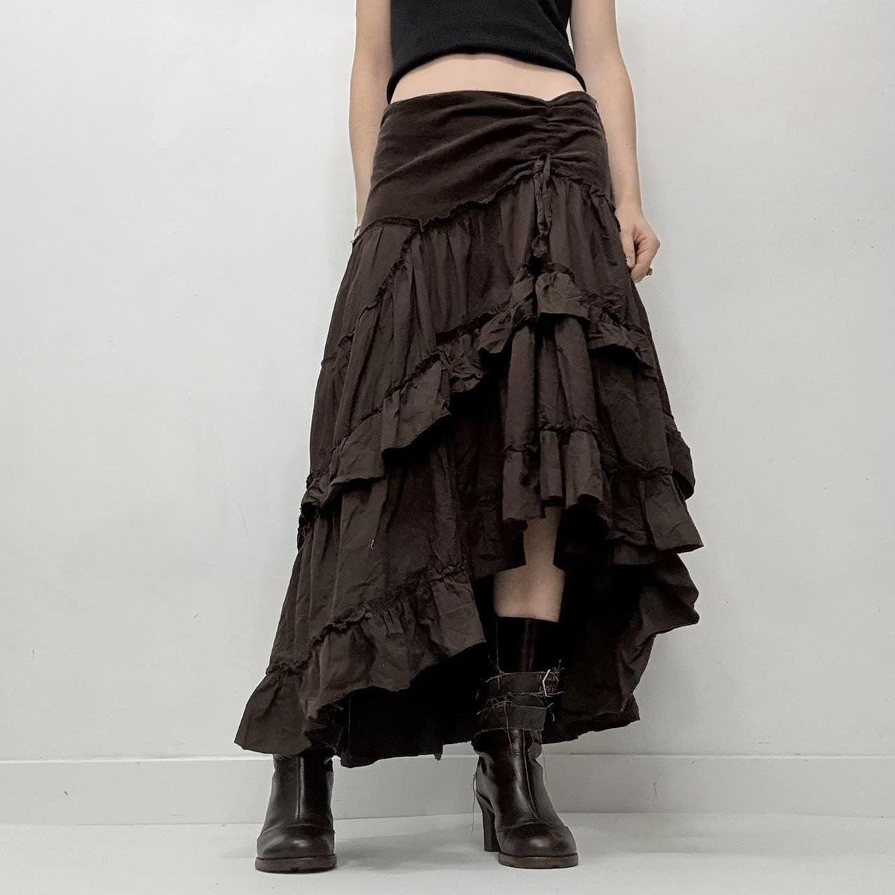 Brown tiered asymmetric maxi skirt