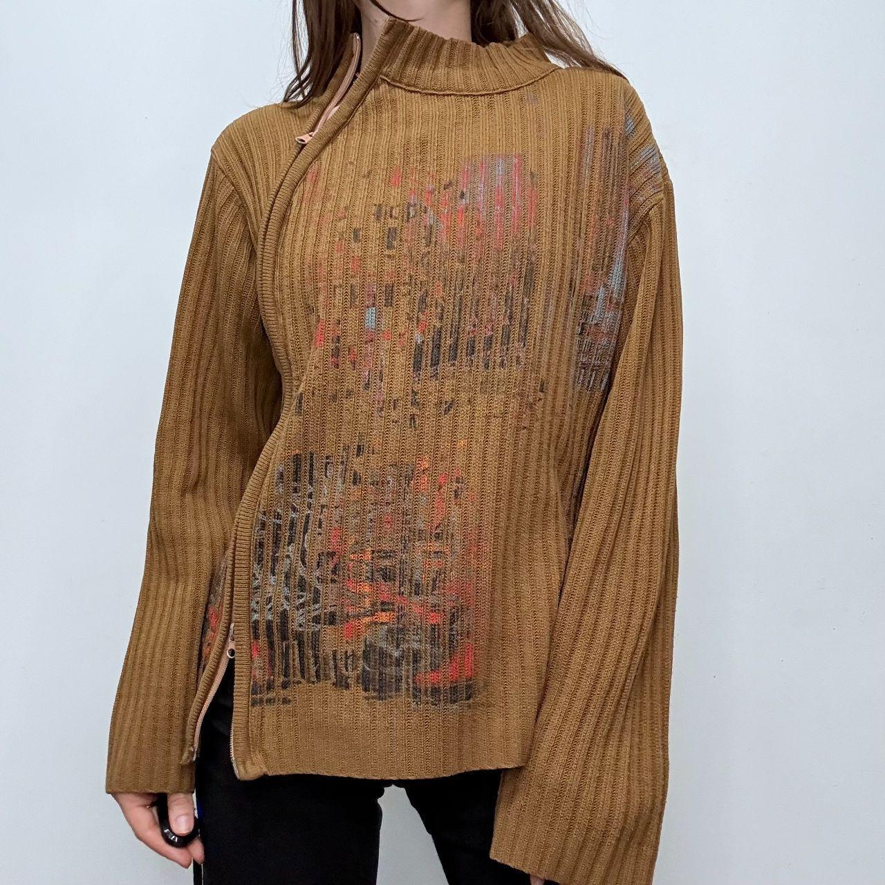 Tan ribbed flared asymmetric-zip jumper