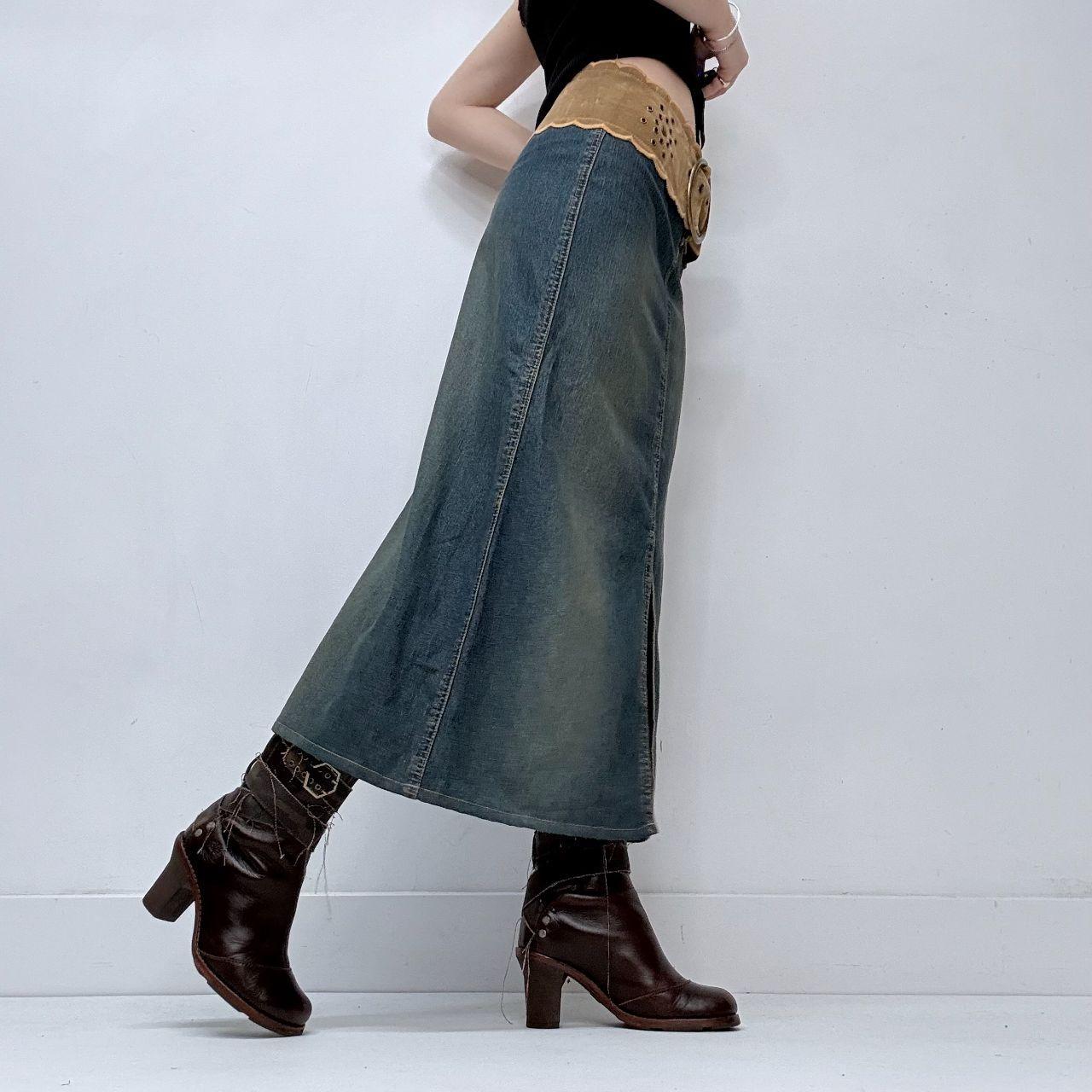Chunky belted denim slit maxi skirt