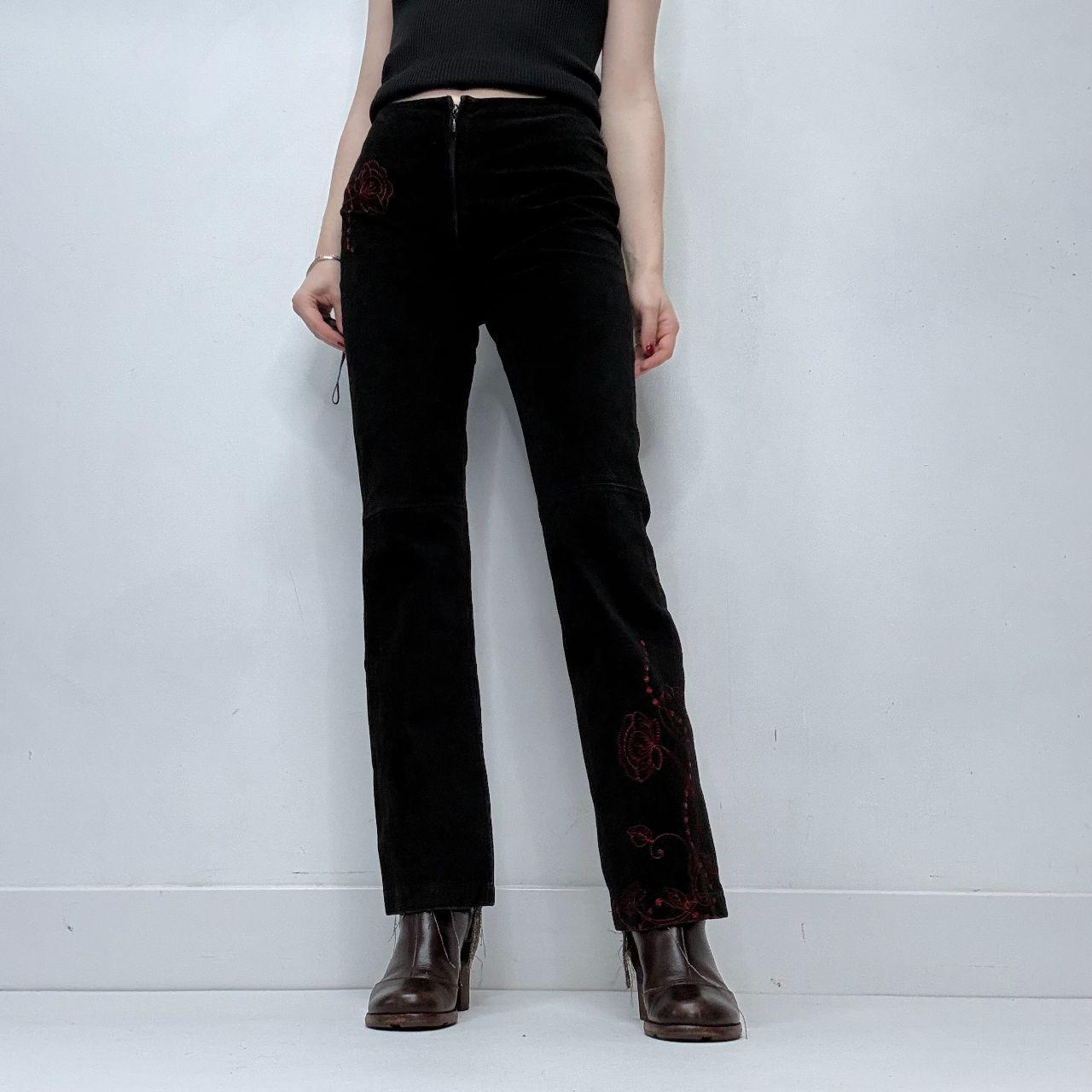 Black suede embroidered trousers