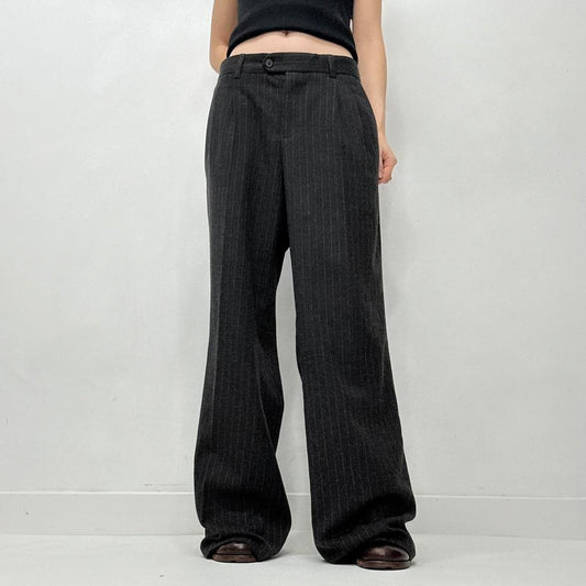 Grey pleated pinstripe wide-leg trousers