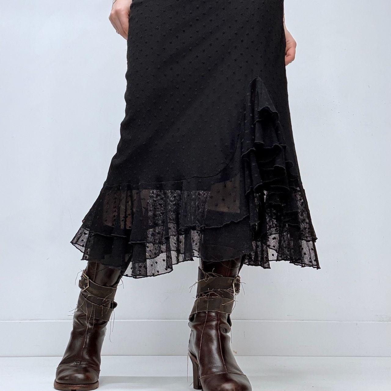 Black polkadot lace flared ruffle skirt