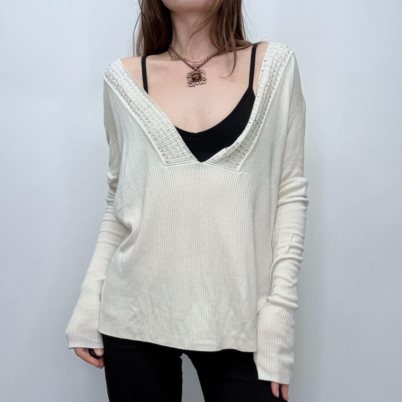 Cream knitted beaded neck slouchy jumper