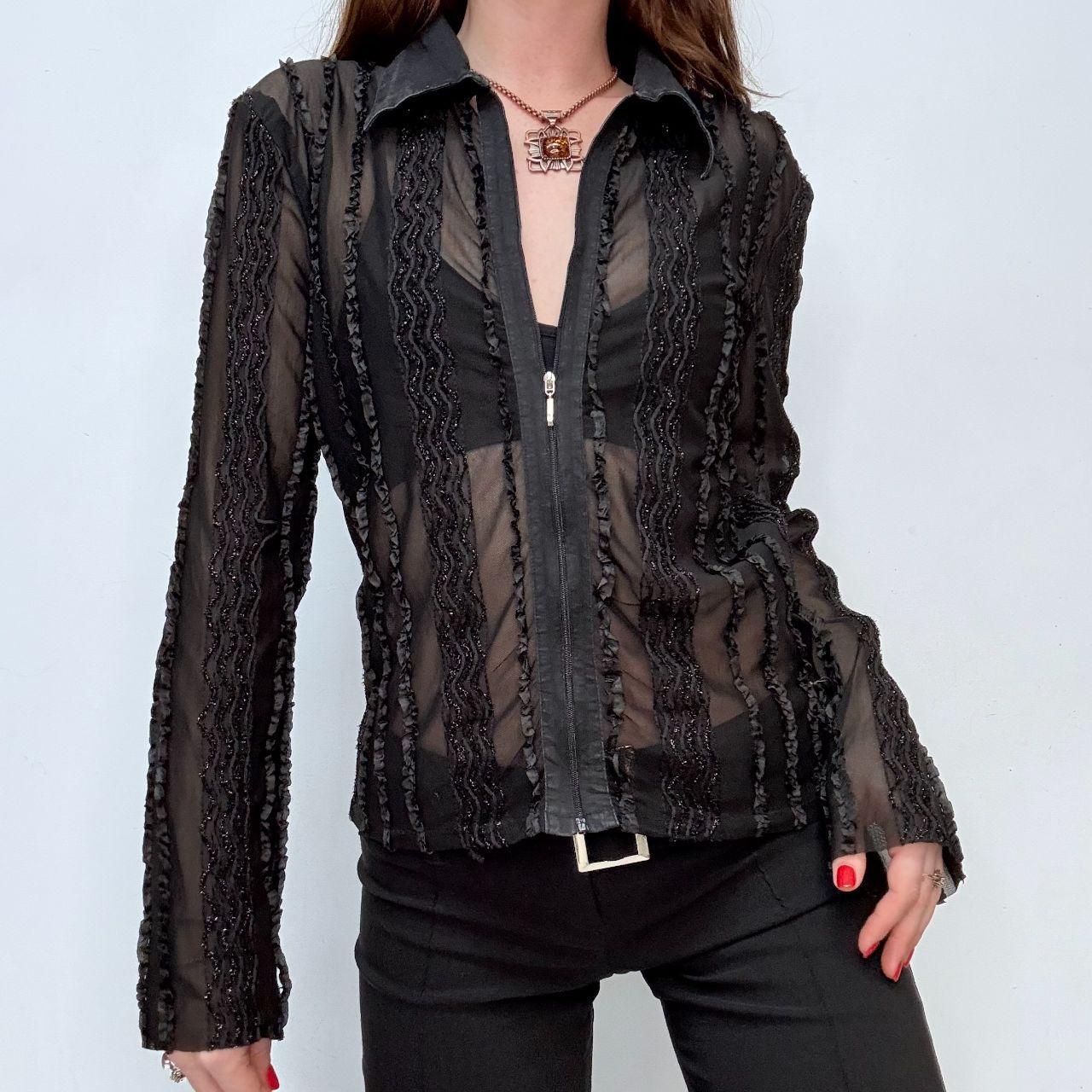 Black lace zip-up fitted shirt