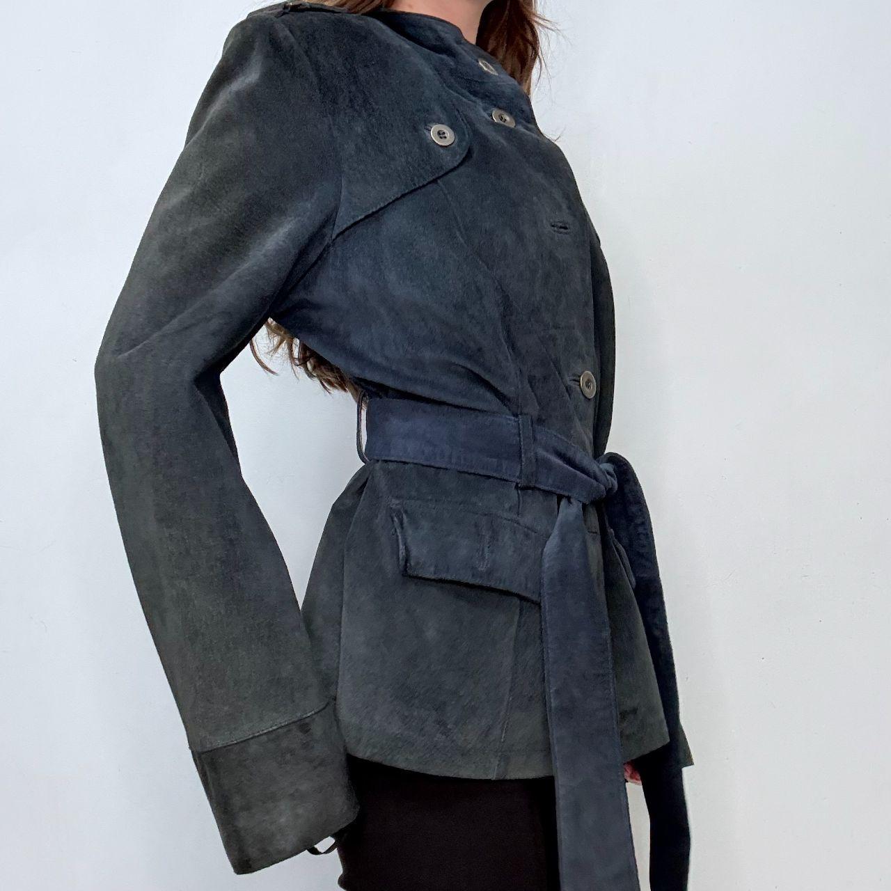 Navy suede high neck flared jacket