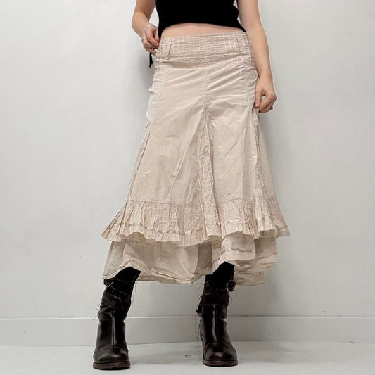Tan pinstripe flared ruffle midi skirt