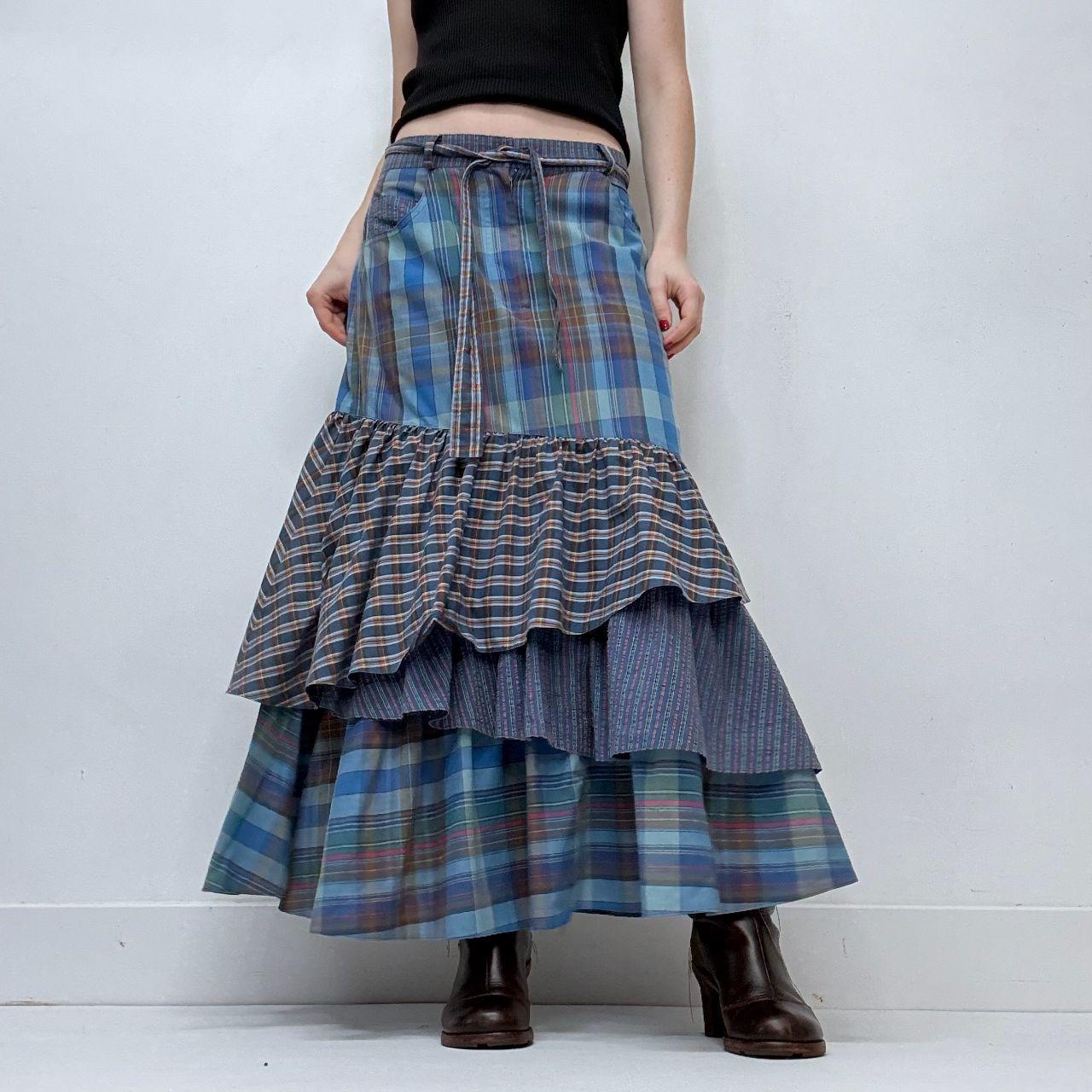 Tartan ruffle layered maxi skirt