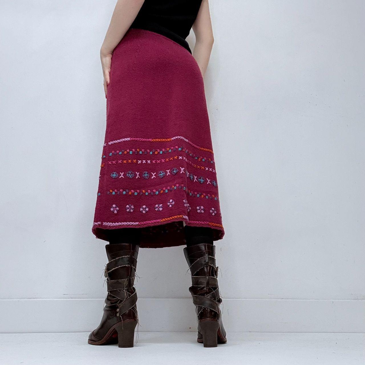 Pink hippie knitted embroidered midi skirt
