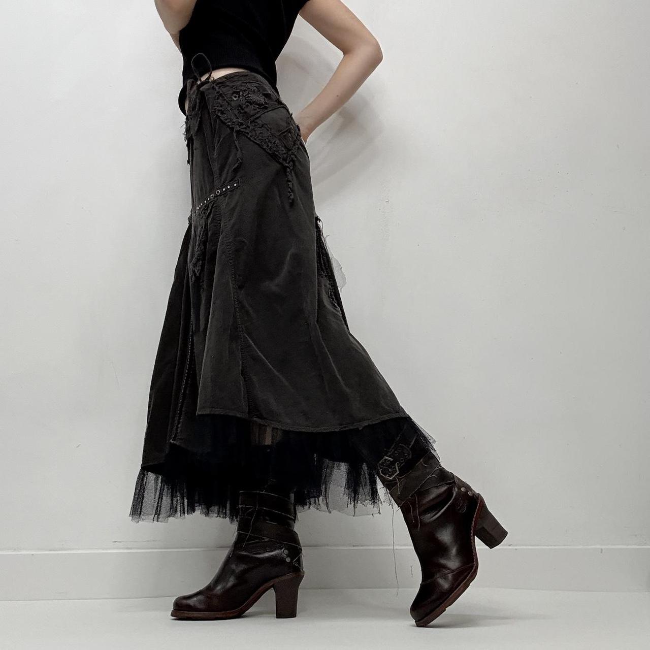 Khaki asyemmetric distressed grunge midi skirt