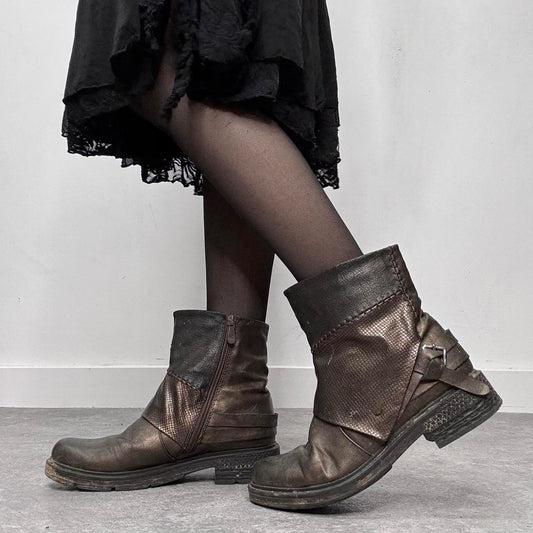 Brown leather distressed biker boots