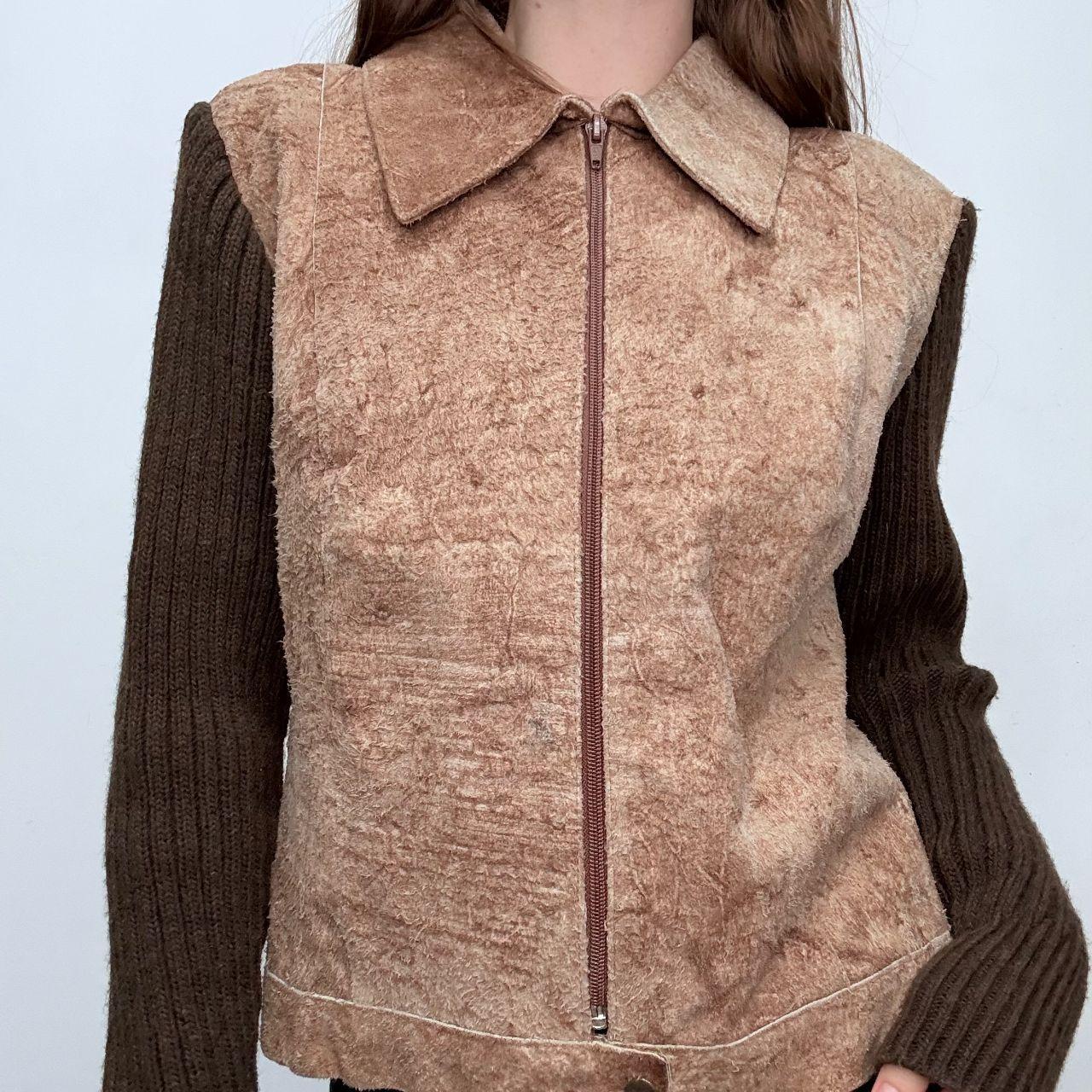 Brown suede hide ribbed knit jacket