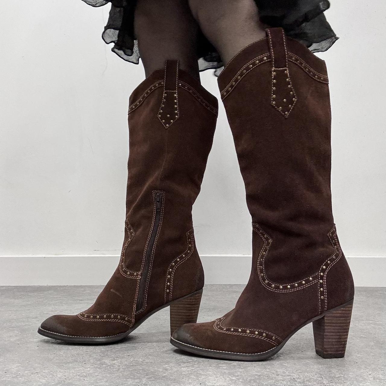 Brown leather studded bowboy boots