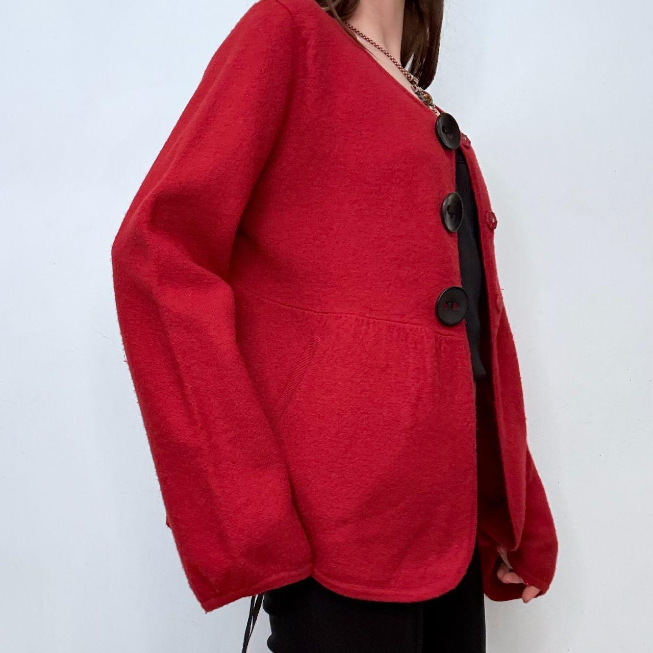 Red flared oversized button puff peacoat cardi