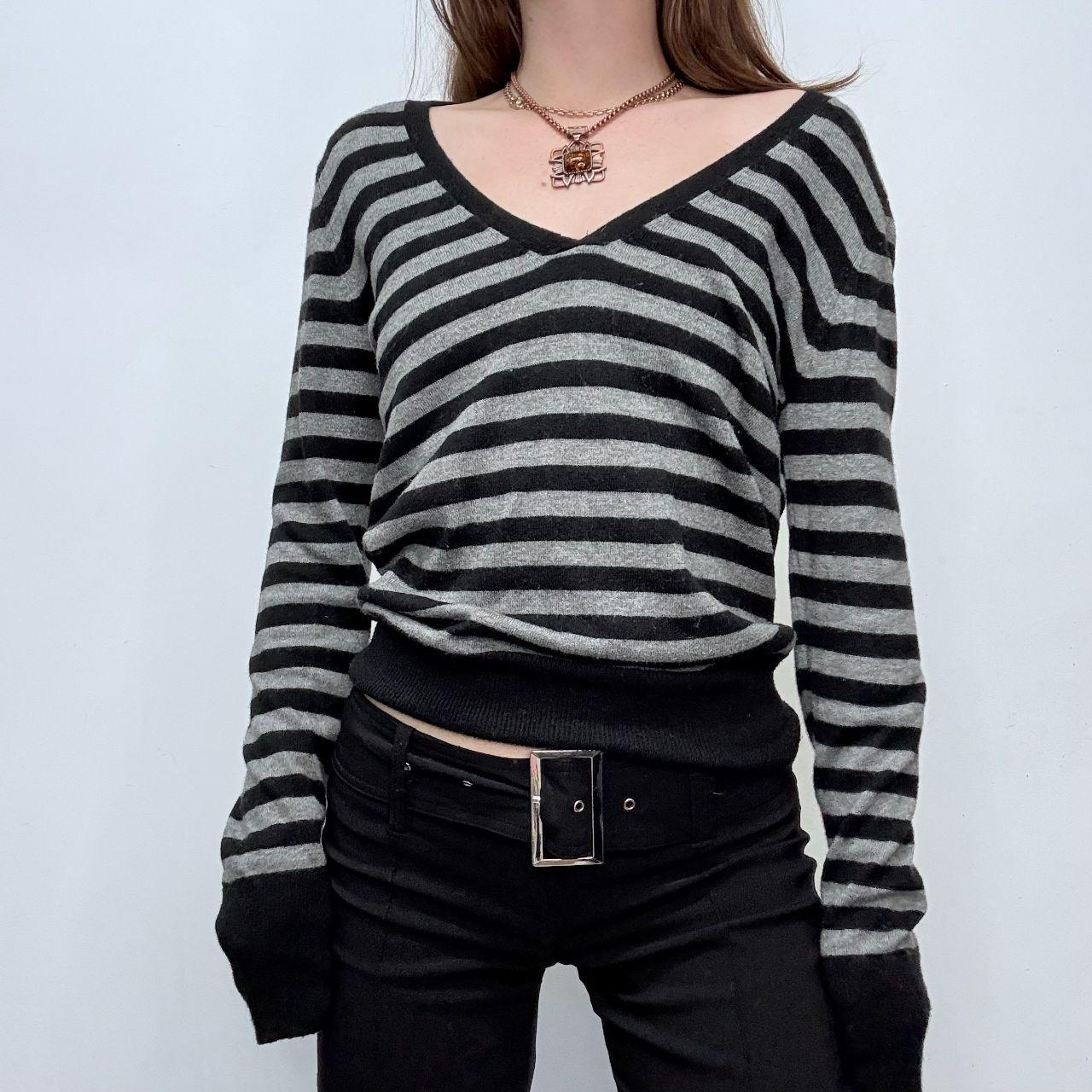 Grey wool knitted striped slouchy jumper