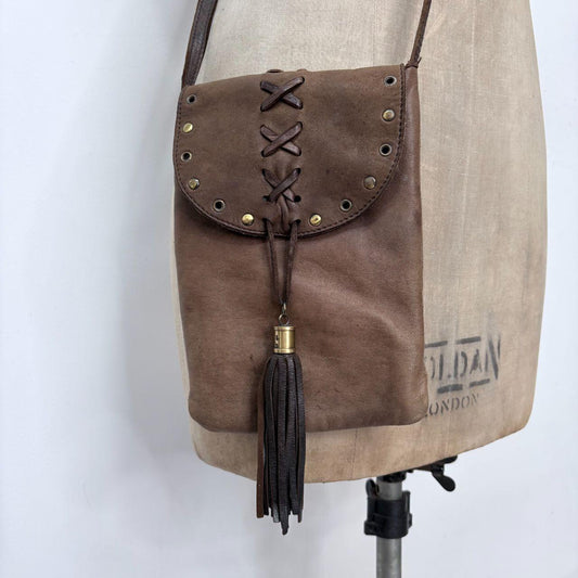 Brown leather corset lace up boho tassel bag
