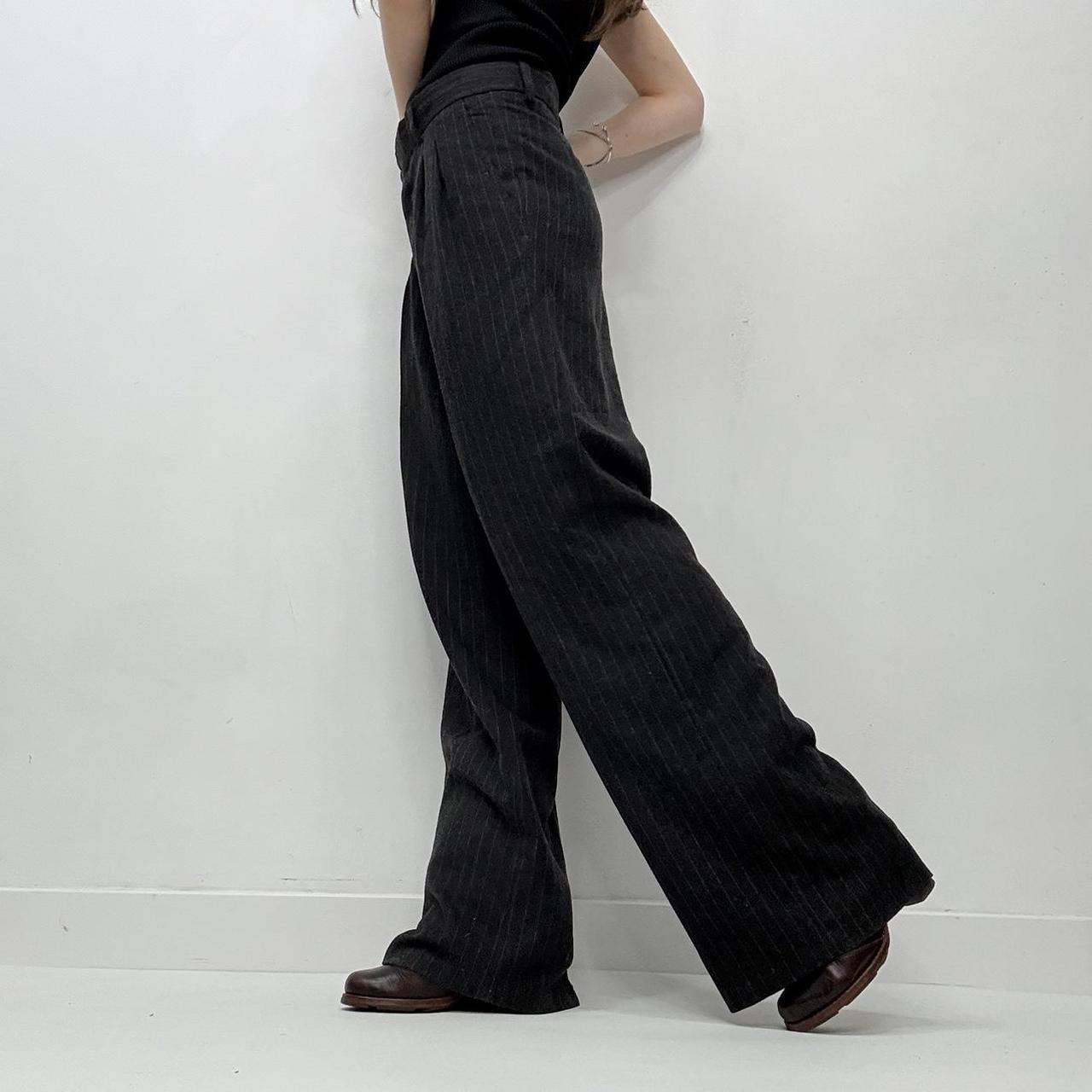 Grey pleated pinstripe wide-leg trousers
