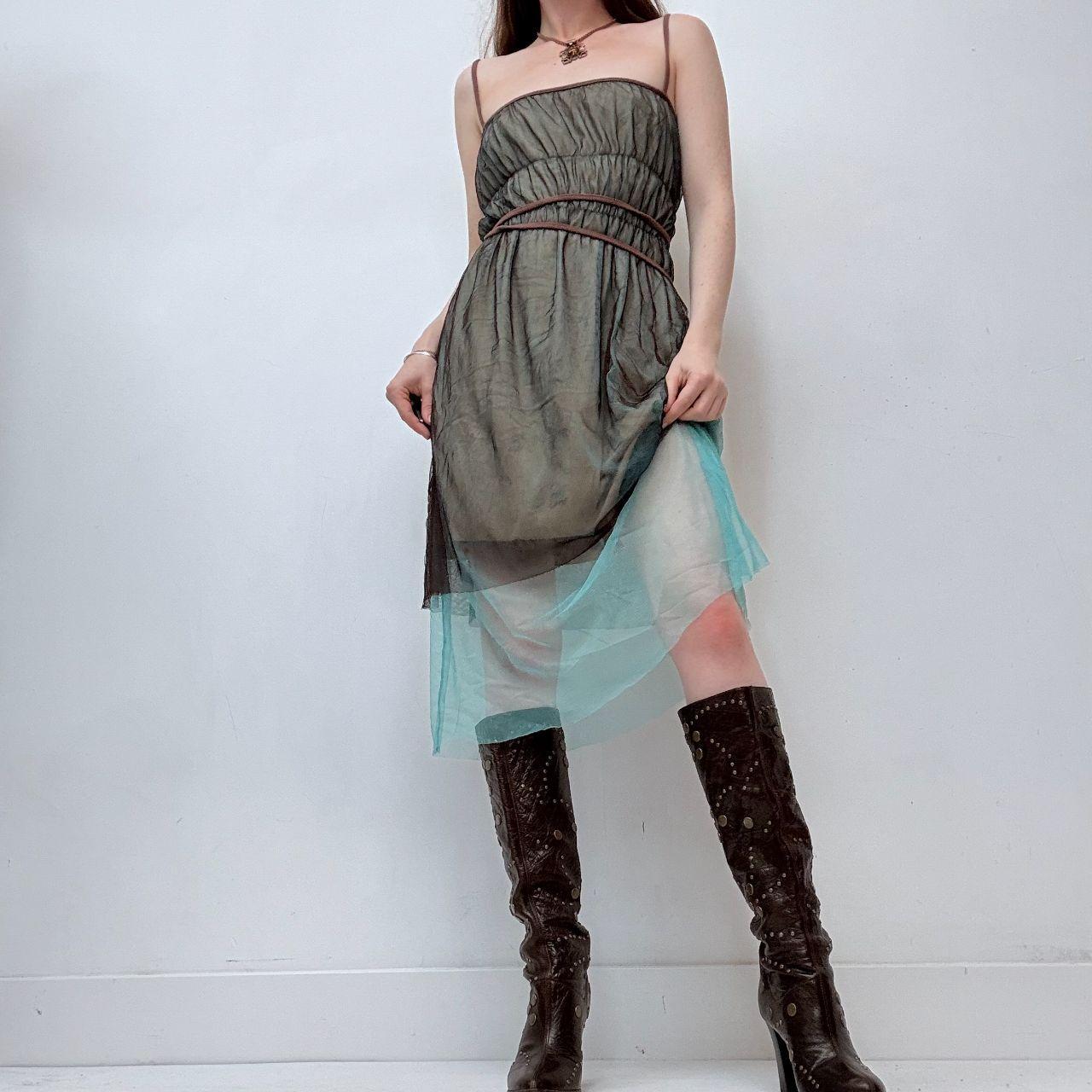 Sheer layered mesh gathered midi dress