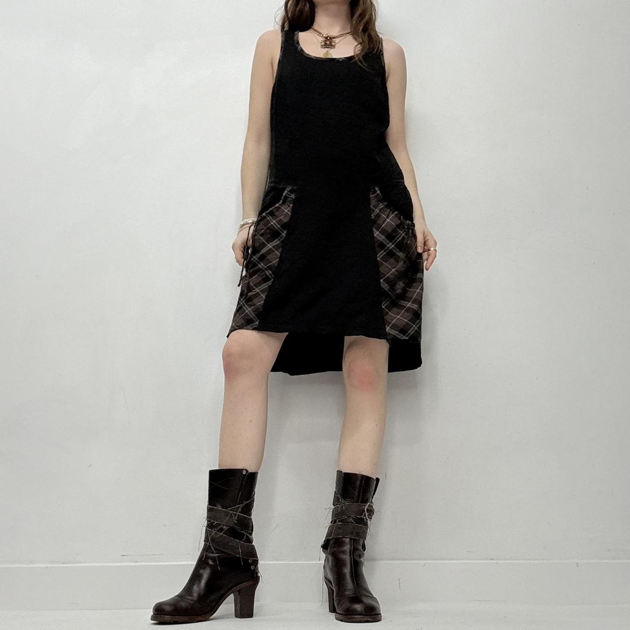 Black tartan puff mini dress