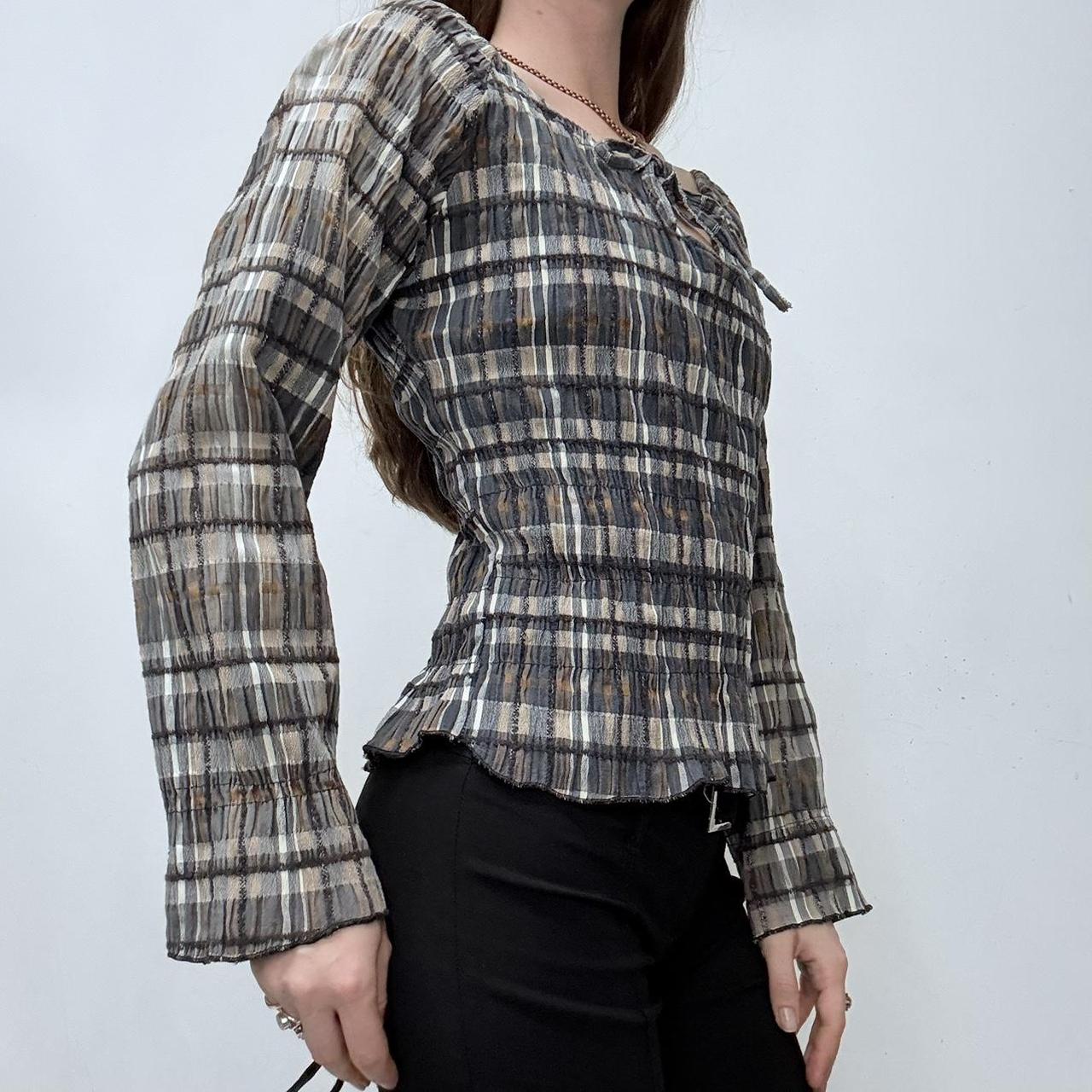 Gingham checked crinkle off the shoulder shirt