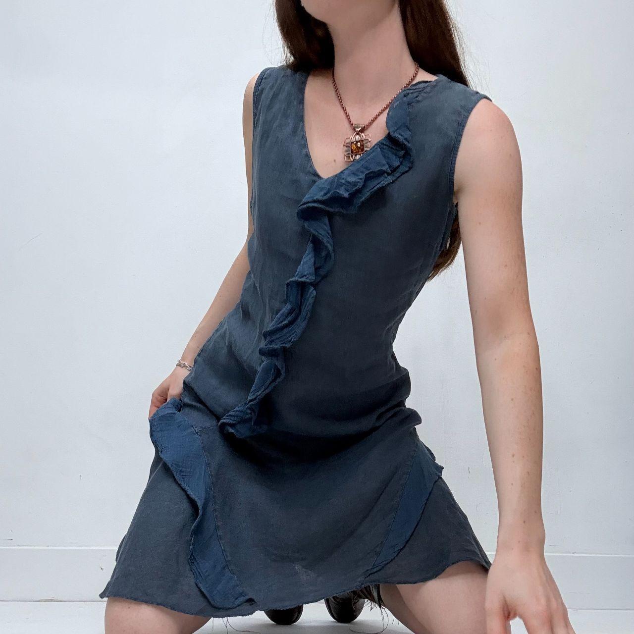 Blue linen flutter flared midi dress