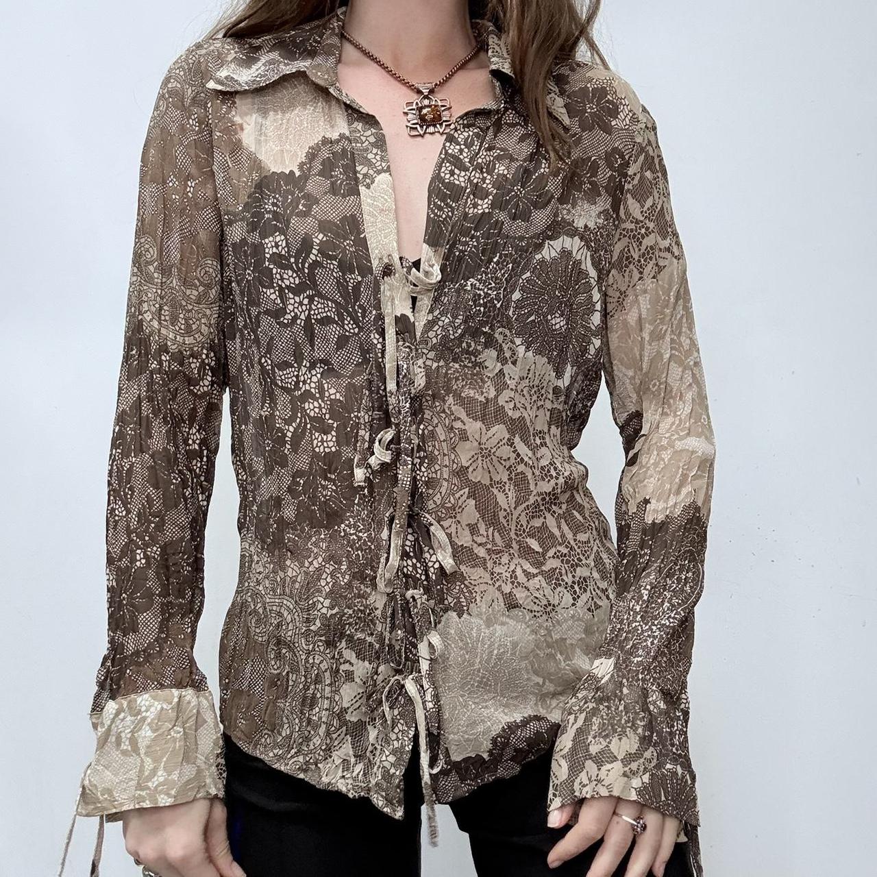Sheer brown lace up corset paisley shirt