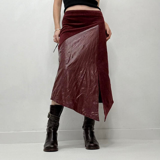 Red leather eyelet studded asymmetric skirt