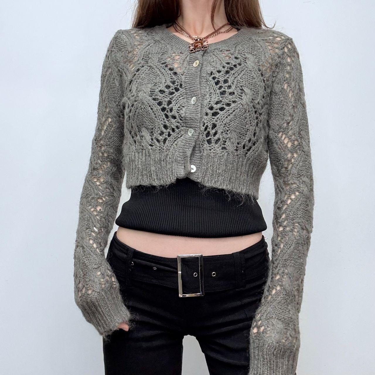 Grey lace open knit mohair cardigan