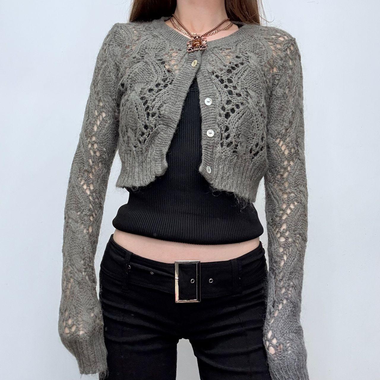 Grey lace open knit mohair cardigan