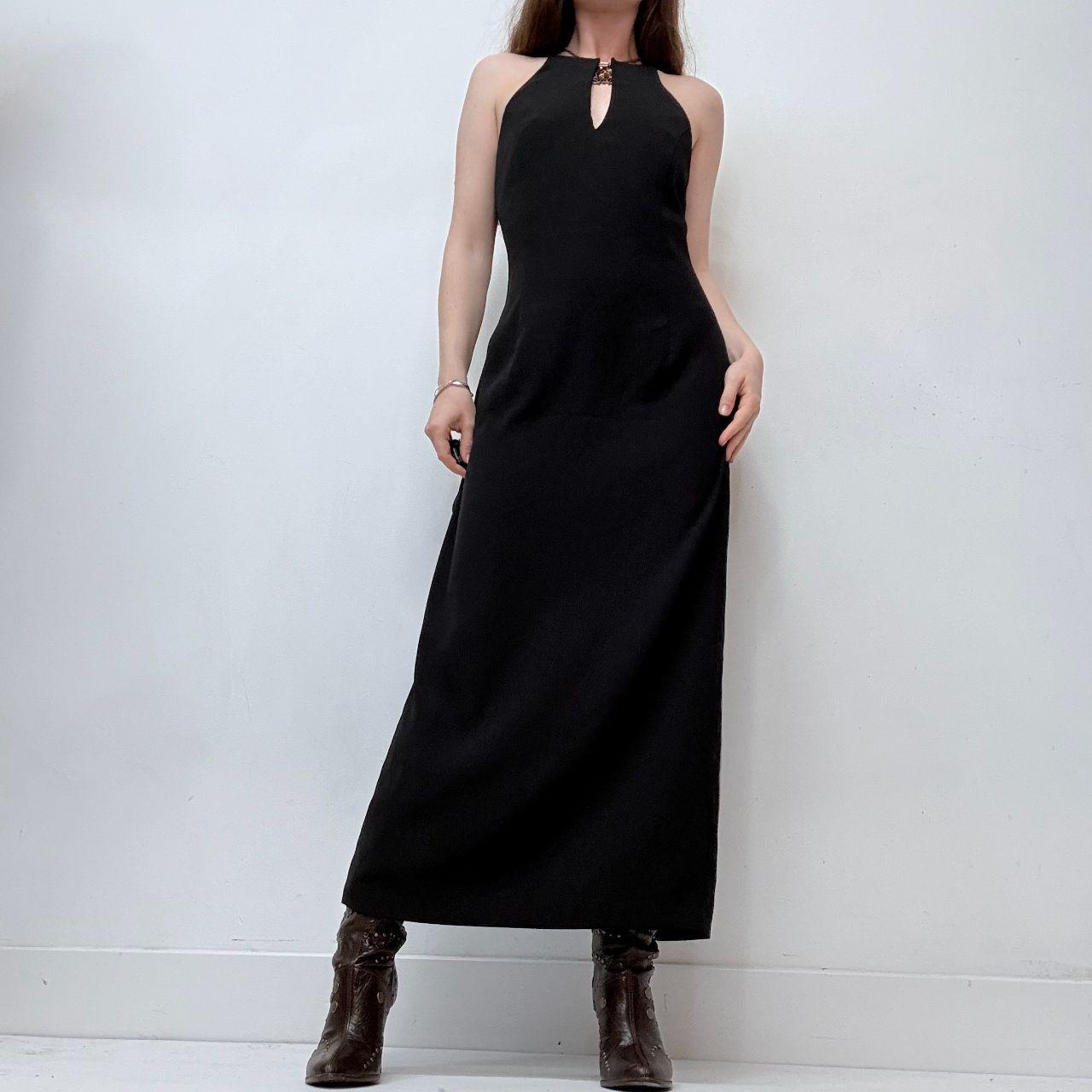 Black a-line bias cut sleek 90s high neck dress