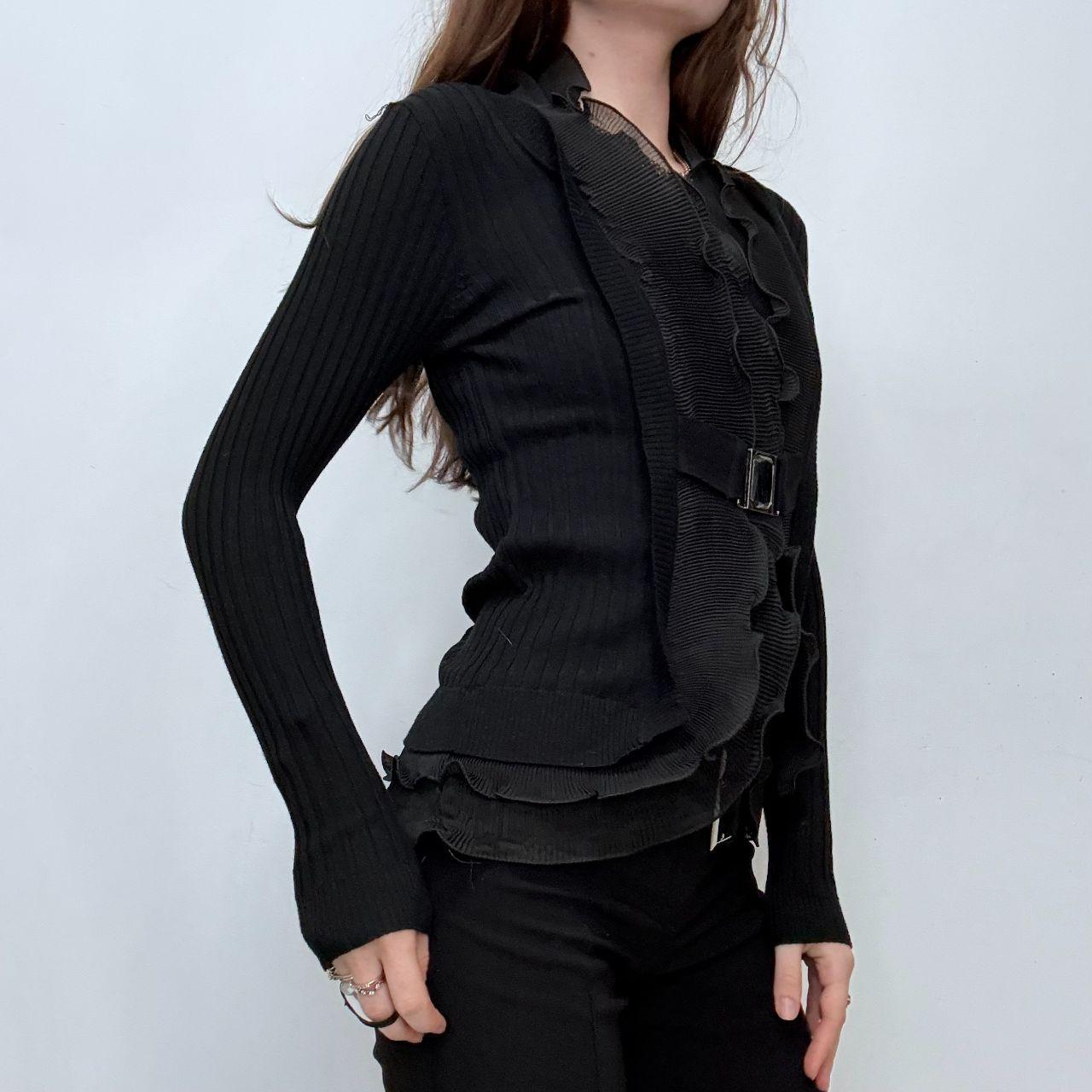Black pleated ruffle shirt ribbed cardi