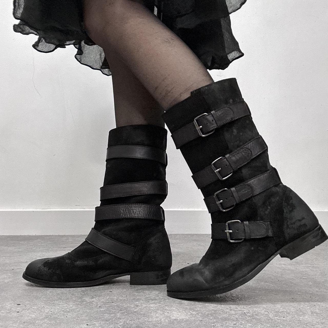 Black leather buckle biker boots